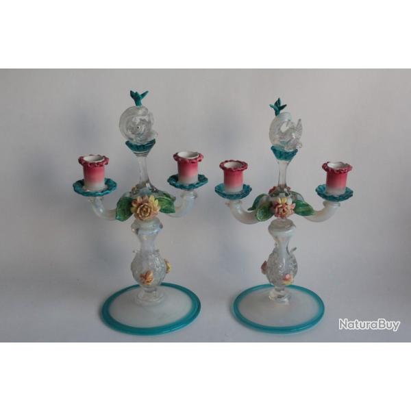 MURANO Paire Cand�labres verre souffl� polychrome Dauphins 1940