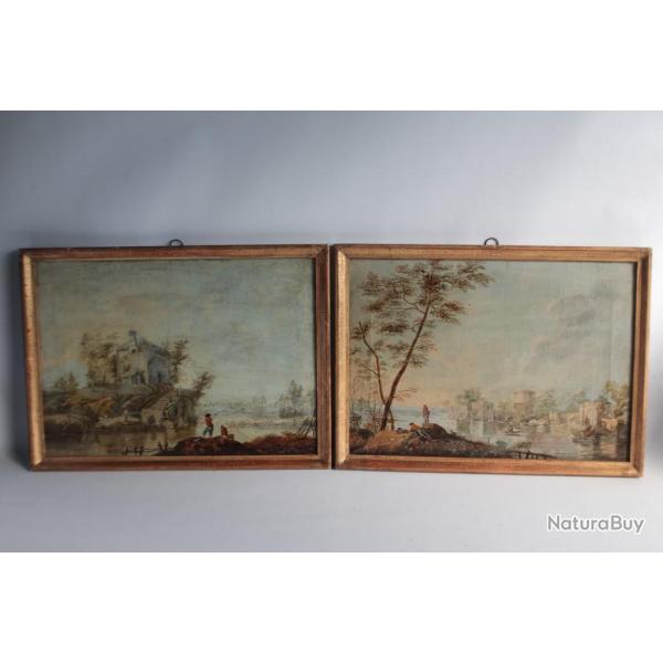 Paire Tableaux peintures � l'huile P�cheurs XIXe si�cle