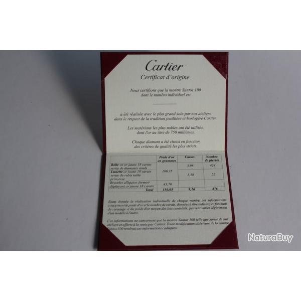 CARTIER Certificat origine Garantie Montre Santos 100 or diamants rubis
