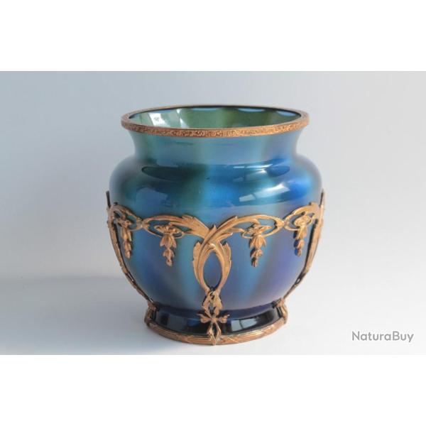 Johann LOETZ Vase verre bleu laiton Melusin Blue Metallin DEK