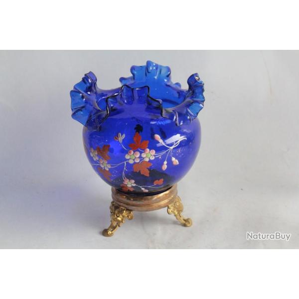 Vase boule verre bleu �maill� Napol�on III
