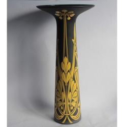 Grand vase verre &eacute;maill&eacute; Cameo WMG noir jaune