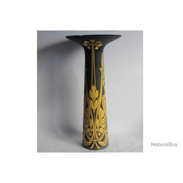 Grand vase verre �maill� Cameo WMG noir jaune