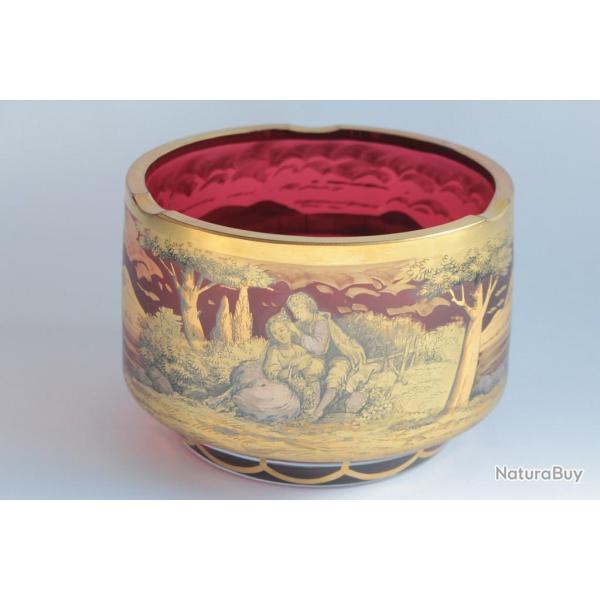 Coupe Cendrier Boh�me cristal rubis peint or