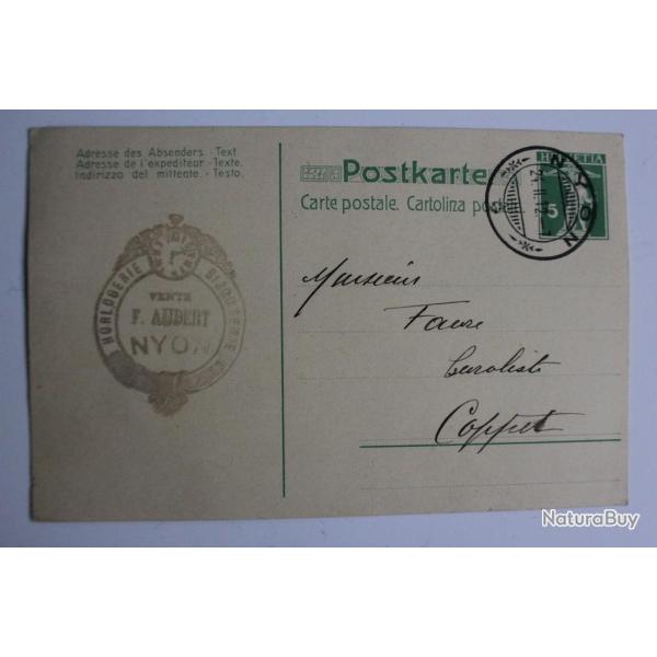 Entier Postal Suisse cachet horlogerie F.Aubert Nyon 1912