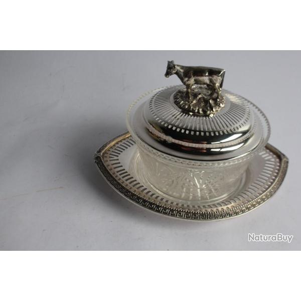 Beurrier Vache m�tal argent� cristal Anglais