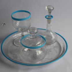 Service liqueur cristal gravé opaline bleue XIXe siècle Art de la table