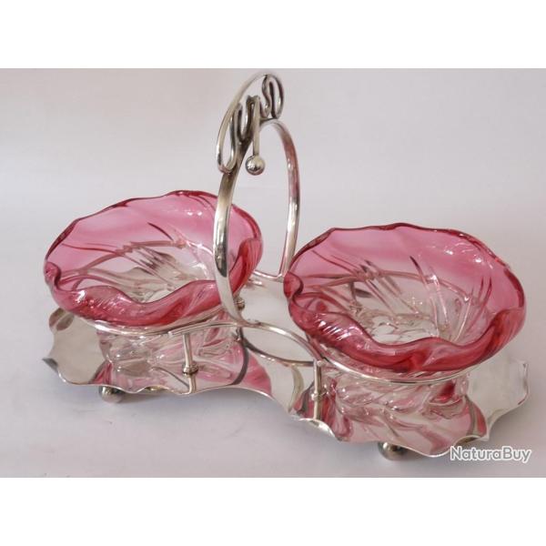 Coupelle double m�tal argent�/cristal Sheffield Art Nouveau