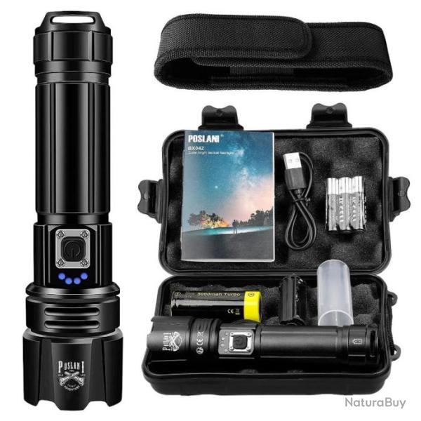 Lampe Torche Led 20000 Lumens IPX67 �tanche Zoom Batterie 5000 mAh Puissante 5 Modes Camping Outdoor