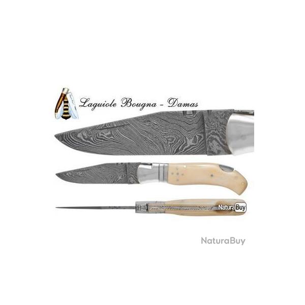 MAGNIFIQUE COUTEAU COLLECTION LAGUIOLE BOUGNA MANCHE CORNE OS LAME DAMAS *TOP IDEE CADEAU*