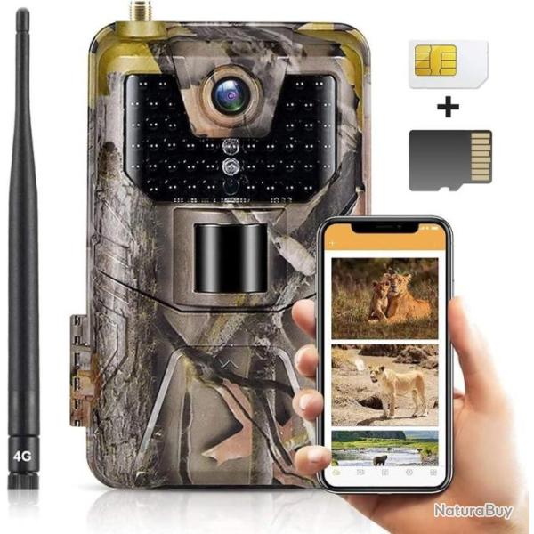 Camra de Chasse Carte SIM Vido en Direct 4G 30MP 4K tanche IP66 Vision Nocturne Invisible Carte