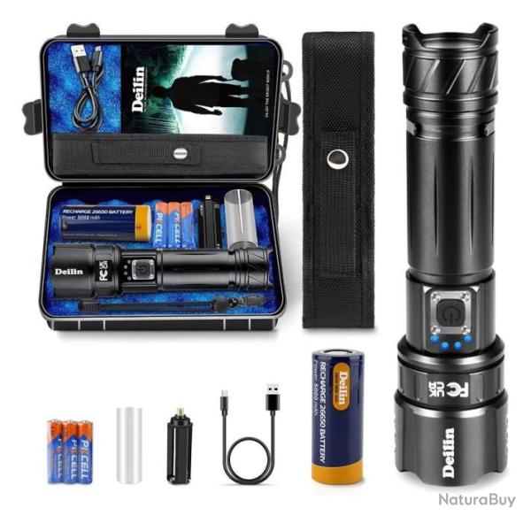 Lampe Torche Led 10000 Lumens Batterie 5000 mAh Ultra Lumineuse tanche Zoom Pche Camping Randonne