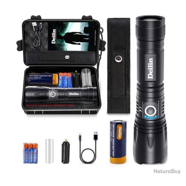 Lampe Torche Led 10000 Lumens tanche Zoom Batterie 5000 mAh Ultra Lumineuse Pche Camping Randonne