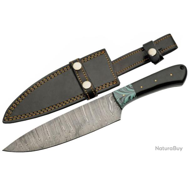 Couteau De Chasse Damas Lame 256 Couches Manche Corne/Turquoise Etui Cuir DM1305
