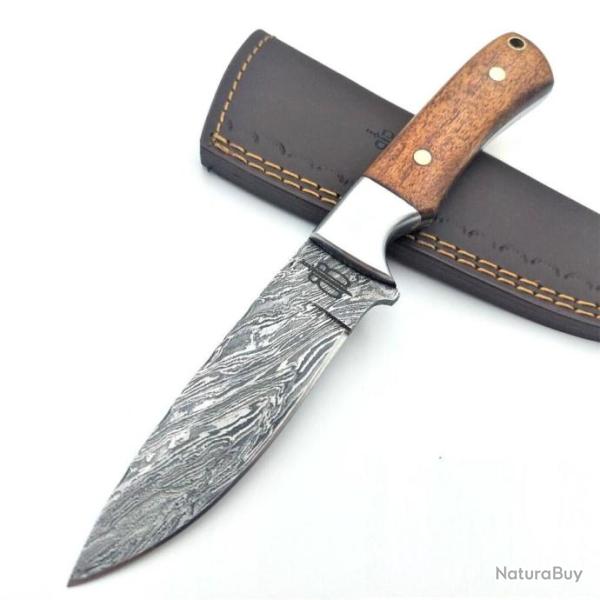 Couteau BuckNBear Classic Hunter Lame Acier Damas 256 Couches Manche Bois Etui Cuir BNB137198