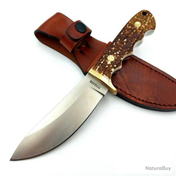 Couteau de Chasse Schrade Uncle Henry Lame Acier 7Cr17MoV Manche Staglon Etui Cuir SCH1116408