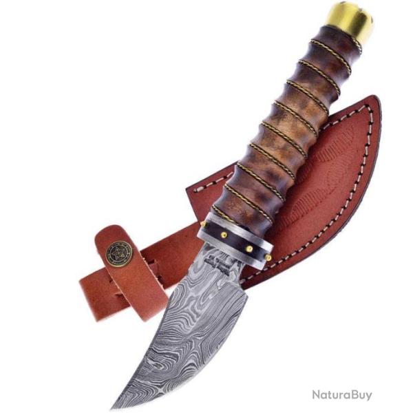 Couteau Damas Frost Cutlery Skinner 256 COuches Manche Bois Etui Cuir FVFD55