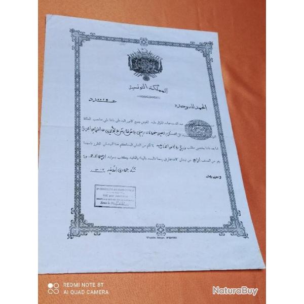 DIPLME TUNISIEN MEDAILLE NICHAN IFTIKHAR ALI BEY, SERGENT MAJOR 4 EME TIRAILLEUR ALGERIEN
