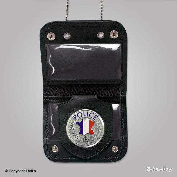 Porte carte et mdaille tour de cou cuir noir + chainette