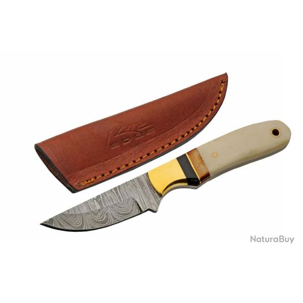 Couteau Skinner Damas Autumn Bone Lame Acier 256 Couches Manche Os Etui Cuir DM1340