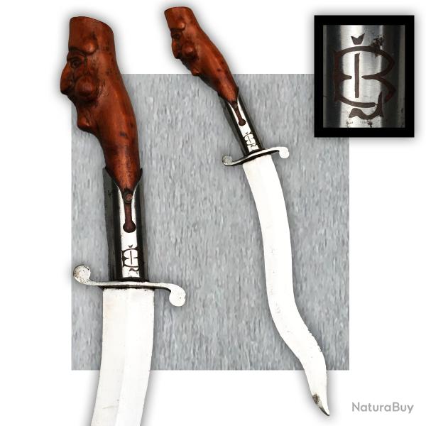 RARE & SUPERBE DAGUE / GLAIVE TURQUE OU INDIEN, LAME CROCHUE, DE TYPE KRIS, ORIGINAL