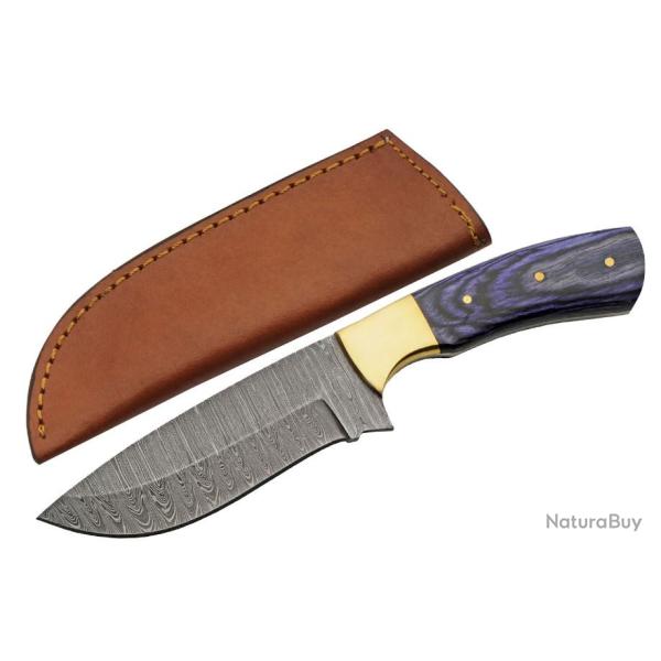 Couteau De Chasse Damas Opal Blue Hunter Lame Acier Damas 256 Couches Etui Cuir DM1312