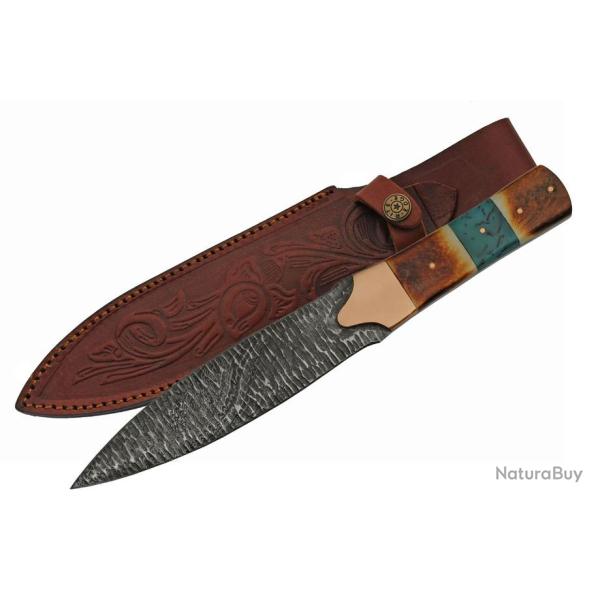 Poignard Couteau De Chasse Damas Flint Lame Acier Damas 256 Couches Manche Os Etui Cuir DM1270