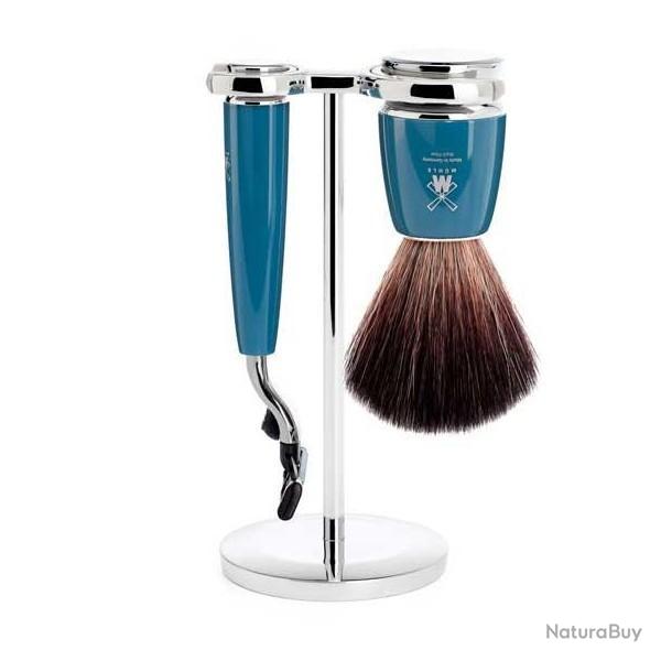 Set de rasage 3 pi�ces M�hle Rytmo bleu mach3�, blaireau synth. noir