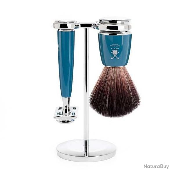 Set de rasage 3 pi�ces M�hle Rytmo bleu s�curit�, blaireau synth. noir