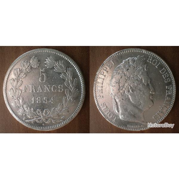 France 5 Francs 1834 W Lille Roi Louis Philippe 1 Argent Ecu Piece Frcs Frs Frc Franc