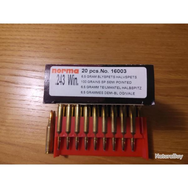 Boite neuve 20 munitions NORMA 243 WIN 100 GRAINS  DEMI BLINDEE