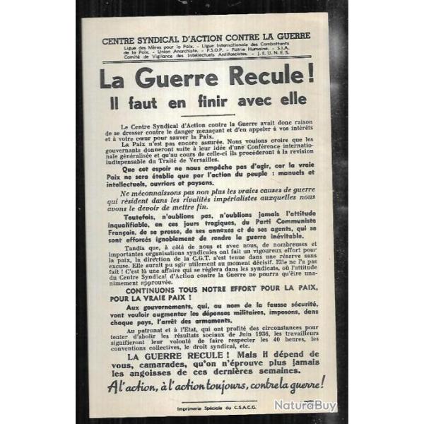 la guerre recule il faut en finir avec elle tract du centre syndical d'action contre la guerre