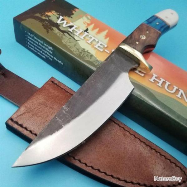 Couteau Bushcraft Rite Edge Hunter Lame Acier Carbone 1055 Manche Bois/Os Etui Cuir PA203438