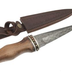 SUPERBE DAGUE Scottish SGIAN DUBH DAMAS 256 Layers Brown Rosewood Handle Leather Sheath