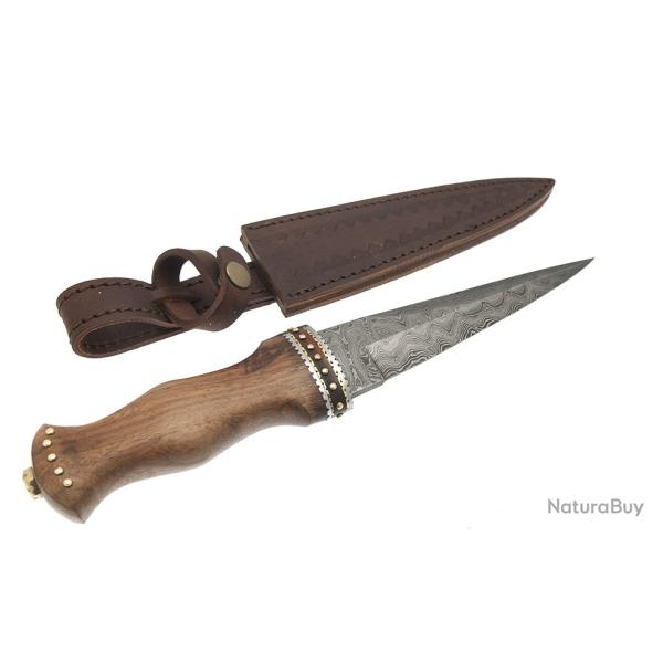 SUPERBE DAGUE Scottish SGIAN DUBH DAMAS 256 Layers Brown Rosewood Handle Leather Sheath