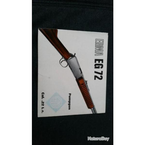 Notice dpliant 6 pages carabine erma EG 72 pumpgun 22 lr , avec vue clate de l'arme