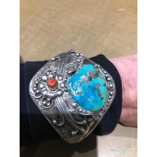 Bracelet am�rindien navajo - turquoise corail - argent sterling 925