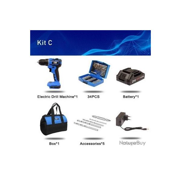 Perceuse Visseuse Sans Fil Pro 21V 40Nm, Modele: Kit C