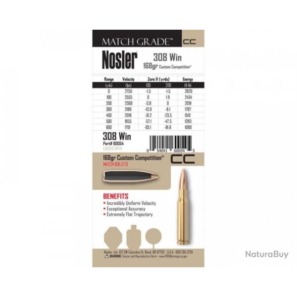 NOSLER MGA 308 WIN 168 grains CC HPBT PAR 60