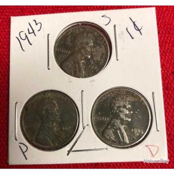 us USA  one cent 1943  WW2 " Lot de  3 pi�ces diff�rentes normandie