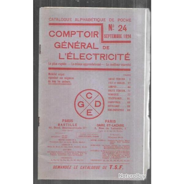 comptoir g�n�ral de l'�lectricit� catalogue alphab�tique de poche 24 sept.1924 , paris