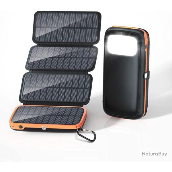 Chargeur Solaire 26800mAh Batterie Externe avec 4 Panneaux Solaire et 3 Sorties Power Bank USB C