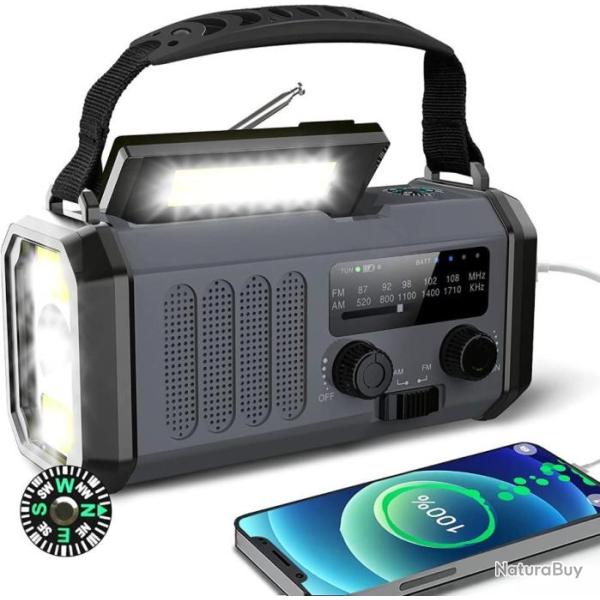 Radio Solaire AM/FM Solar Radio 3 M�thodes de Chargement 6 en 1 Radio d'urgence Portable 10000mAh
