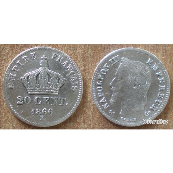France 20 Centimes 1866 Atelier K Bordeaux Piece Argent Napoleon Centime De Francs Cent