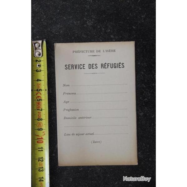 CARTE ENREGISTREMENT SERVICE DES R�FUGI�S PR�FECTURE DE L'IS�RE GRENOBLE WW2 ZONE LIBRE OCCUPATION
