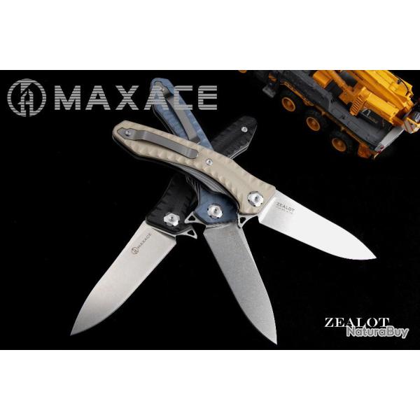 Couteau Maxace Zealot Tan Lame Acier Bohler K110 IKBS G10 Handle Linerlock Clip MAXMCZ203
