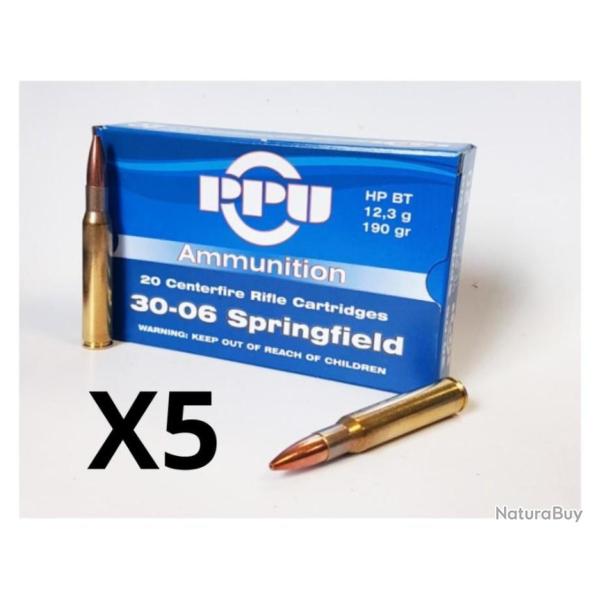 Lot de 5 bo�tes de 20 Cartouches Partizan Cal.30-06 Springfield 190-Grs HP BT