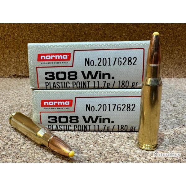 LOT DE 2 BOITES DE MUNITIONS NORMA 308 WINCHESTER POINTE PLASTIQUE, PPDC, DUAL CORE,  180 gr