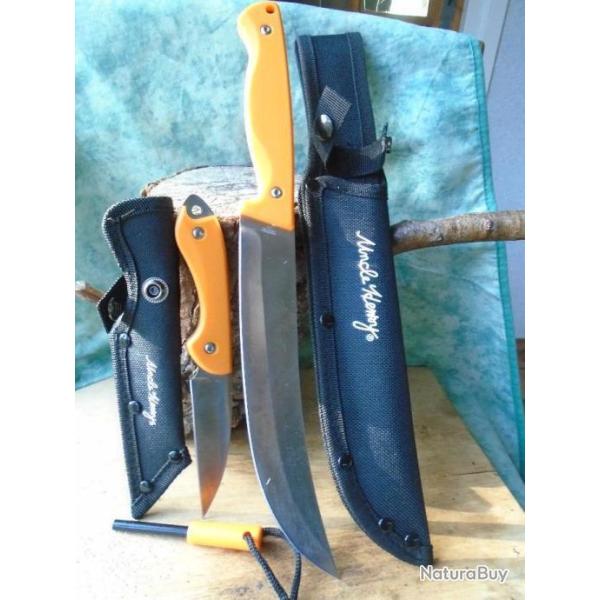 Set de 2 Couteaux Schrade Uncle Henry Lames Acier Inox Manche Orange Etui Allume Feu SCHP1183292