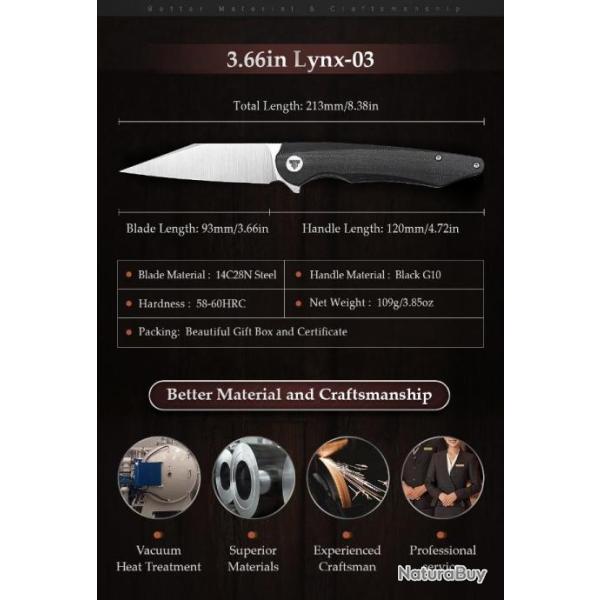 Couteau Trivisa Lynx Satin Lame Acier 14C28N Manche G10 IKBS Linerlock Clip TVTY02G14